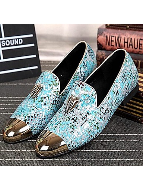   2016 Pure Manual Flash Novelty Wedding/Night Party Cowhide Leather Loafers Light Blue/Navy  