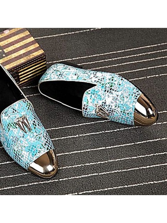   2016 Pure Manual Flash Novelty Wedding/Night Party Cowhide Leather Loafers Light Blue/Navy  